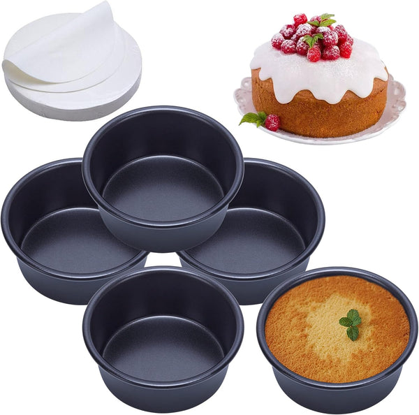 4 Inch Cake Pan Set of 5, Nonstick Round Cheesecake Pans with 100 Parchment Paper, Mini Baking Tins, Food Grade Coating