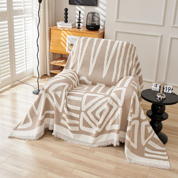VClife Bohemian Aztec Accent Chair Cover 71"x91", Beige White Geometric Tribal Chenille