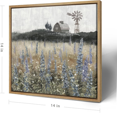 Framed Wall Art Vintage Classical Farmhouse Painting, Rustic Wildflower Field Landscape Canvas Print
