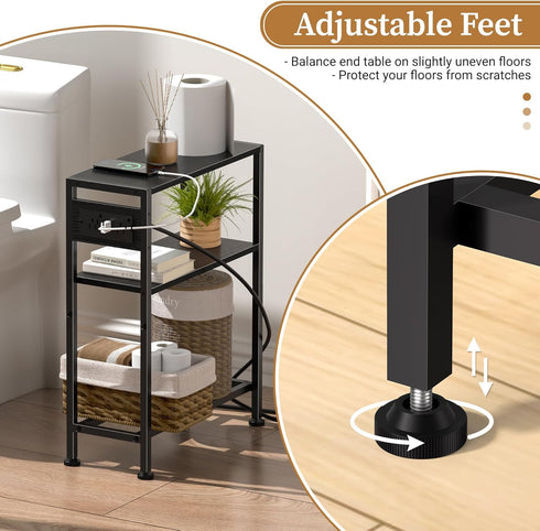 Small Narrow Side Table with Charging Station, Skinny End Table for Small Spaces, Slim Nightstand with Outlets, Sofa