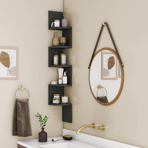 GREENDEW 5-Tier BLACK Floating Corner Shelf by - Stylish Wood Display for Home & Office