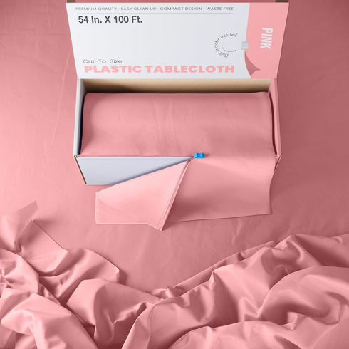 Exquisite Party Solids 54 Inch X 100 Feet Pink Plastic Table Cover Roll, Cut-to-Size Box with Convenient Slide Cutter