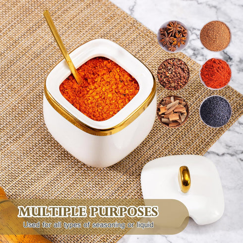 EABOSON 4 Pack Set Gold Condiment Spice Jars with Lids, Spoons, Tray - Ceramic Seasoning Box for Salt, Pepper, Sugar