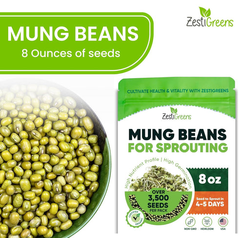 (8 Oz.) Mung Bean Sprouting Seeds - NON GMO- Resealable Bag for Longer Freshness Rich in Vitamins, Minerals, Fiber