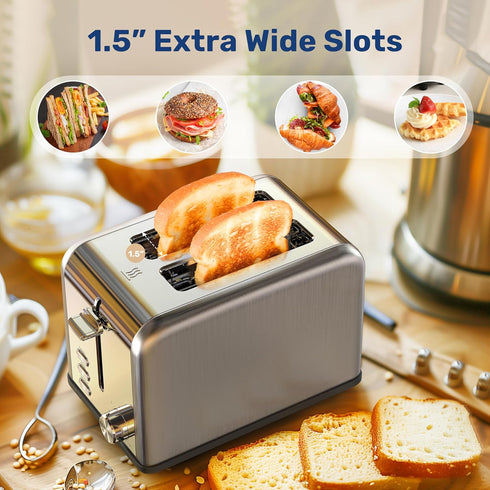 YSSOA Stainless Steel 2 Slice Toaster with Extra Wide Slot, 6 Shade Settings, Compact Oven, Silver