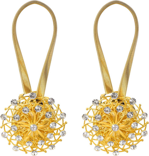 Gold Magnetic Curtain Tiebacks, 2 Pack Sparkle Crystal Flower Clips with Stretchable Wire Rope for Home Decoration