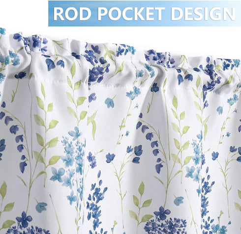 Blue Floral Print Tier Kitchen Curtains 24 Inches Long, Watercolor Cafe Curtains for Kitchen, Flower Bathroom Window Treatment, Rod Pocket Half Window Curtain, 28" W x 24" L, Multicolor, Set of 2