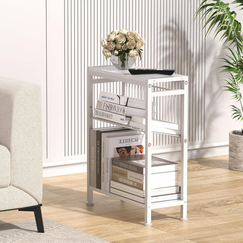 3-Tier End Table for Small Space, Narrow Side Table with Magazine Holder,Small Nightstand, Skinny Snack Couch Table