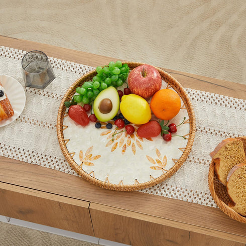 Nonam 100% 12" Shellac Rattan Tray with Mother of Pearl Inlay, Round Decorative Serving Tray for Home Dcor Coffee Table