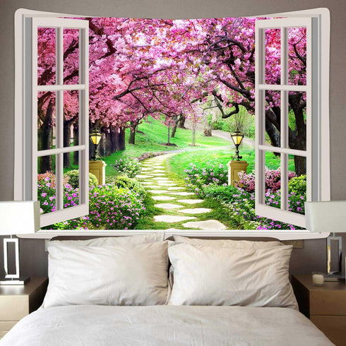 Japanese Cherry Blossom Window Tapestry, Botanical Floral Natural Landscape Aesthetic Tapestry for Home Decor
