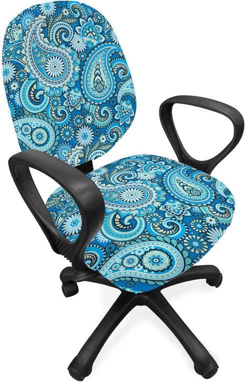 Ambesonne Blue Paisley Office Chair Slipcover, Folk Ornament Flower Like Elements Buta