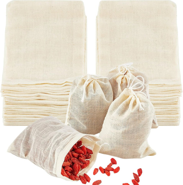 TUZAZO 50 Pack Reusable Tea Bags, Natural Unbleached Cotton Cheesecloth Bags for Straining, Drawstring Muslin Bags