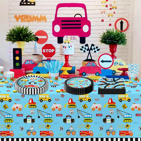Xigejob 24 Traffic Jam Cars Trucks Transportation Birthday Party Supplies Dinnerware, Plate, Cup, Napkin, Tablecloth