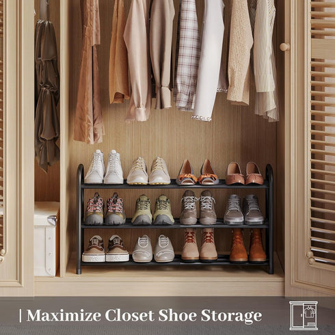 AUGOHCMIL 3-Tier Closet, Expandable Shoe Rack, Metal Shoe Storage Shelf, Adjustable Shoes Organizer for Entryway