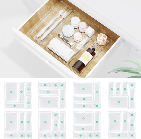 Drawer Organizers Set of 80, Clear Plastic Storage Bins in 4 Sizes for Kitchen, Bathroom, Office, Dresser, Jewelry,