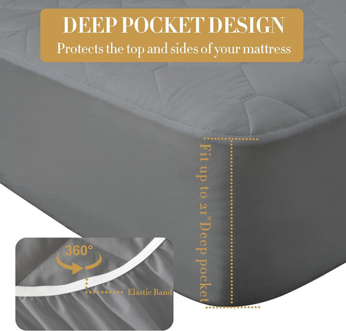 Twin Quilted Fitted Waterproof Mattress Pad, Breathable Premium Soft Filling Protector, 8-21 Inches Deep Pocket (Grey)