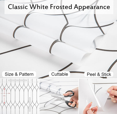 Privacy Window Film Decoration, White Frosted w/Black Morocco Lines, 17.7"x78.7", Heat Control Window Tint, Removable