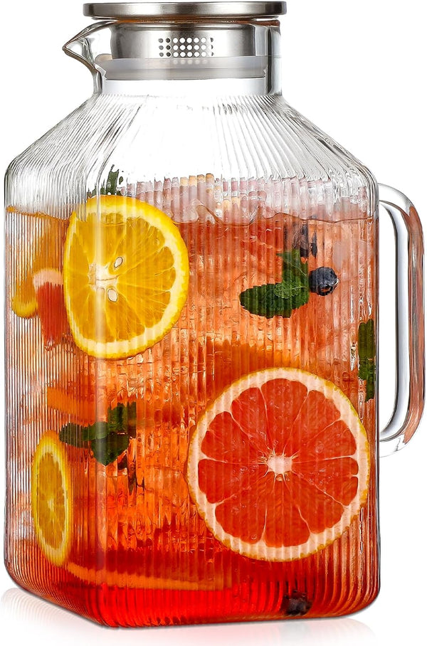 Snuvid 1 Gallon thickened Square Glass Pitcher with Lid, Classic Stripes Water Pitchers