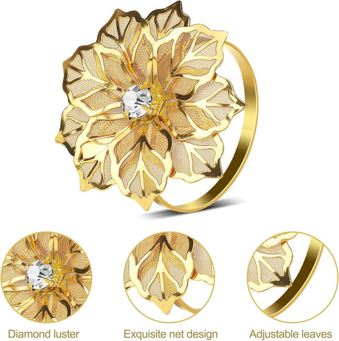 KPOSIYA Set of 20 Napkin Rings, Metal Gold Hollow Out Flower Holder for Wedding Party Holiday Banquet