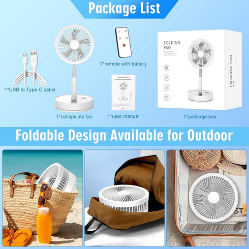 LIPETY 9" Portable Standing Oscillating Fan with Remote - 7200mAh Rechargeable Battery Tall Floor Foldable Travel Fan