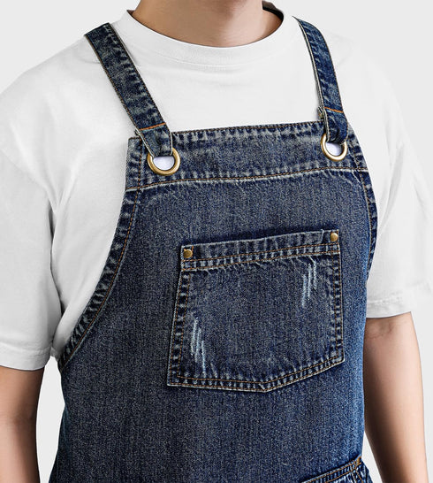 5-Pockets Cotton Denim Apron Soft - Unisex Adjustable Bib Apron with Perfect for Kitchens