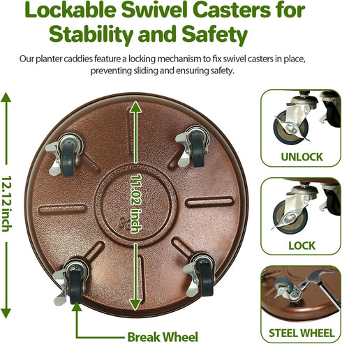12" 310 lb Plant Saucer Rolling Plant Caddy Rolling Plant Stand with Wheels Heavy Duty Metal, Locking, Sturdy