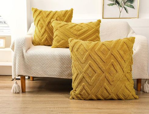 Set 2 24x24,Soft of Faux Fur Yellow Throw Pillow Covers Checkborad Pattern Decorative Boho Pillow Cover Case Cushion