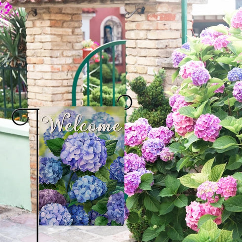 Welcome Spring Floral Flowers Garden Flag, Double Sided Hydrangea Decorative Yard Outdoor Small Decor, 12 x 18