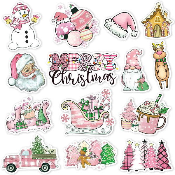 Whaline 14Pcs Pink Christmas Refrigerator Magnets, Vintage Santa Snowman Decorative Stickers for Kitchen