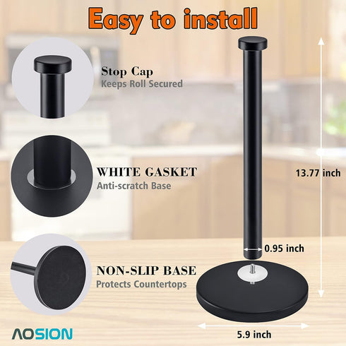 AOSION 2 Pack Paper Towel Holder - Stainless Steel Countertop Paper Towel Stand for Kitchen, Bedroom, Bathroom (Black)