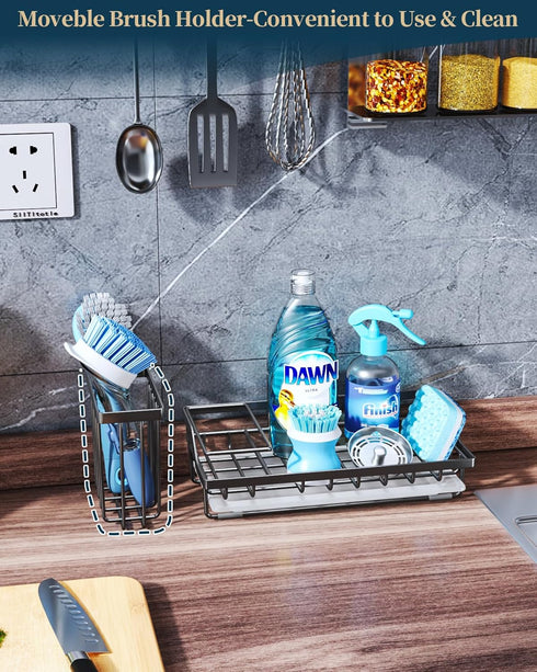 Consumest Sink Caddy-Kitchen Sponge Holder + Dish Brush Holder for Kitchen Sink, Sink Organizer with Drip Tray for Countertop Stainless Steel Rustproof, Black-Large by Consumest