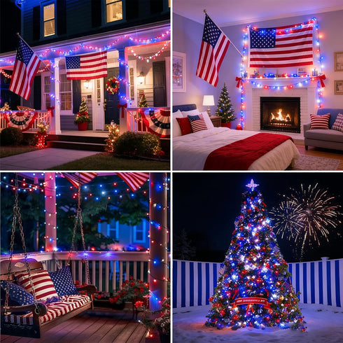 33ft 100 4th 16 LAMPHOME Red White Blue String Lights, LED of July Patriotic Fairy Lights Plug in, Lighting Modes