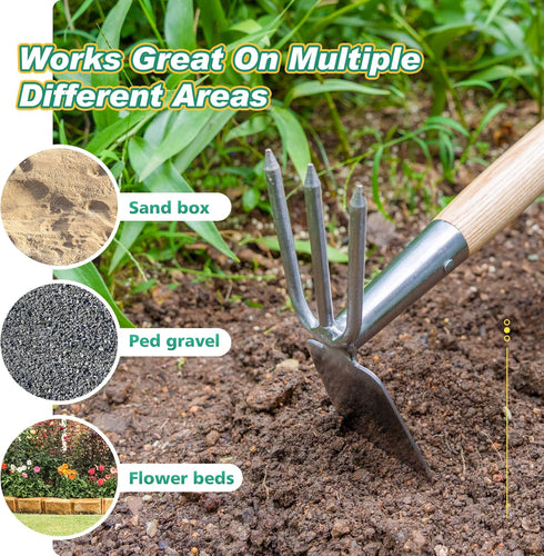 2IN1 14''Weeding Berry&Bird Hand Tools Hoe and Cultivator, Stainless Steel Garden Hand Tiller and Pickaxes with Wooden