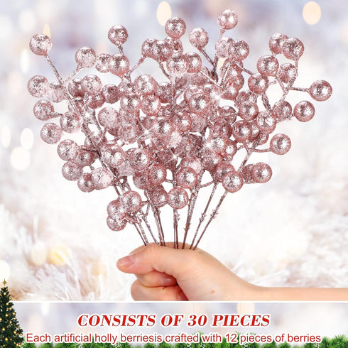 30 Geosar Pieces Artificial Christmas Berry Picks with Snowflake Glitter Artificial Holly Berry Stems for Christmas