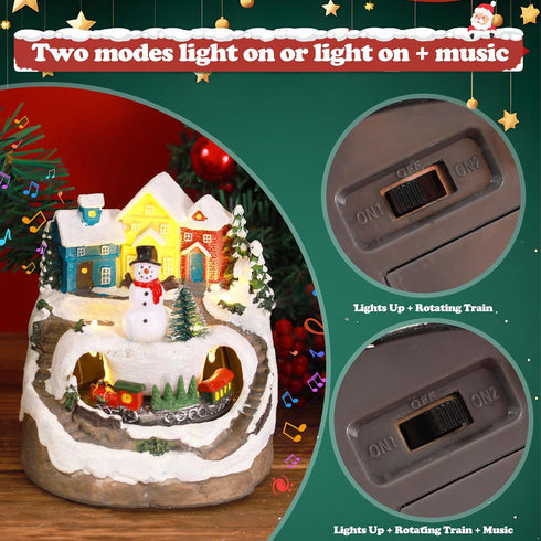 Musical Christmas Village Houses with LED Light & Rotating Train, Ornaments Centerpiece Decor with USB and Battery