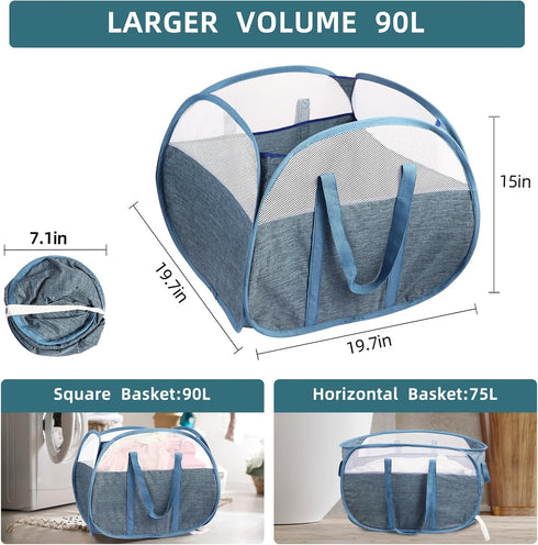 Durable Collapsible Laundry Basket, 90L Foldable Hampers with Handles for Bedroom, Bathroom, Travel, Blue
