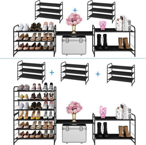 3 Simple Trending Tier Stackable Shoe Rack, Expandable Adjustable Fabric Shoe Shelf Storage Organizer, Black