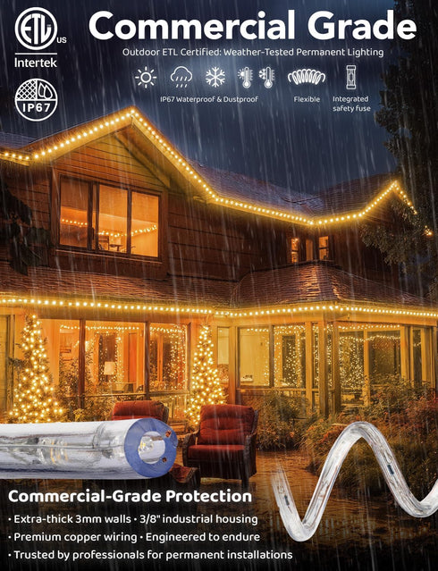 WYZworks 20ft LED Outside Rope Lights - 216 LEDs, Waterproof, ETL Certified Connectable Clear Tube for Warm White