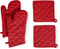 Native Fab Pot Holders and Oven Mitts Set - 4-Piece Kitchen Heat Resistant Cotton Set in Red