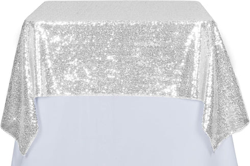PartyDelight Silver Sequin Tablecloth Overlay 50 X 50 Inch for Wedding, Party, Birthday, Bridal, Baby Shower Decorations
