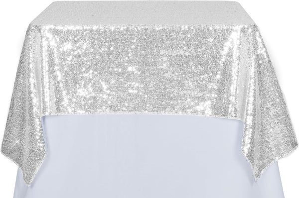 PartyDelight Silver Sequin Tablecloth Overlay 50 X 50 Inch for Wedding, Party, Birthday, Bridal, Baby Shower Decorations