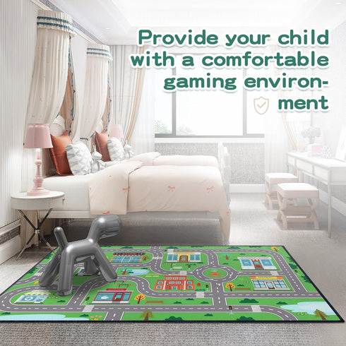 59"x39", Play Rug for Playroom Kids Car Mat Town City Road Map Carpet, Fun Car Playmat Area Rugs Non-Slip Washable