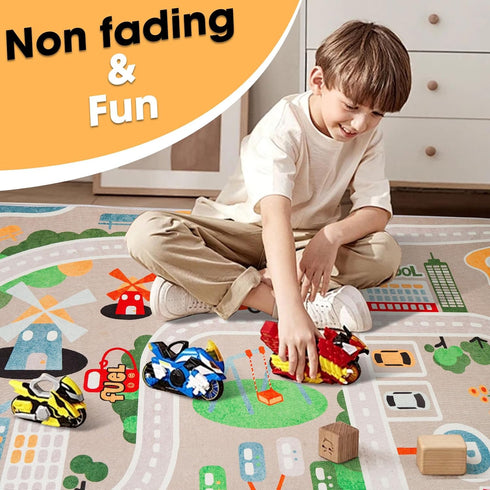 Kid Rug Carpet Playmat for Toy Cars and Train, Play Area Rug with Rubber Backing, Ideal Gift for Children