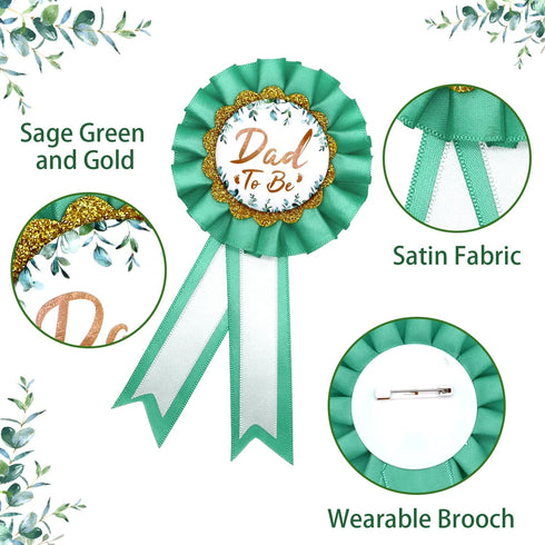 Neutral Sage Green Mom to Be Sash, Baby Shower Dad To Be Pin, Gold Glitter Letters Eucalyptus Leaves Satin Sash
