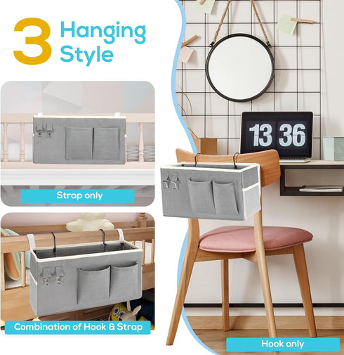 3pcs Kanrichu Bedside Caddy Hanging Storage Bag, Water Cup Holders, Organizer Baskets with Pockets for Bunk Bed Shelf