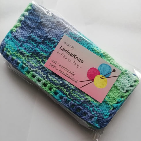 LarisaKnits set 3, Cotton colorful dishcloth reusable of Knitted absorbent bright mini towels Dark blue-light green