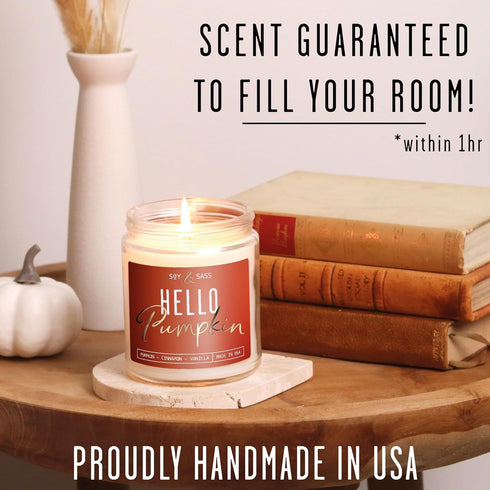 Fall Candles - 'Hello Pumpkin' Soy Pumpkin Spice Candle, Infused with Essential Oils, 9oz Reusable Jar, 50 Hour Burn
