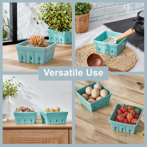 5.8" Set 2, ONEMORE Berry Basket Ceramic Berry Bowls with Holes Square Fruit Bowl Berry Colander Containers for Fridge