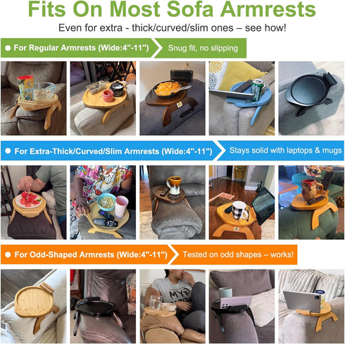 360 Couch Arm Table Tray, Sofa Clip on Tray Tables with Phone Holder, Bamboo Arm Rest Table for Couch, Folding Sofa