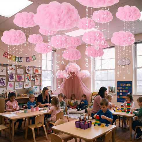 3D Decor(2 Marsui Artificial Cloud Props LED Hanging Pink Light String Fake Imitation Cotton Cloud Classroom School